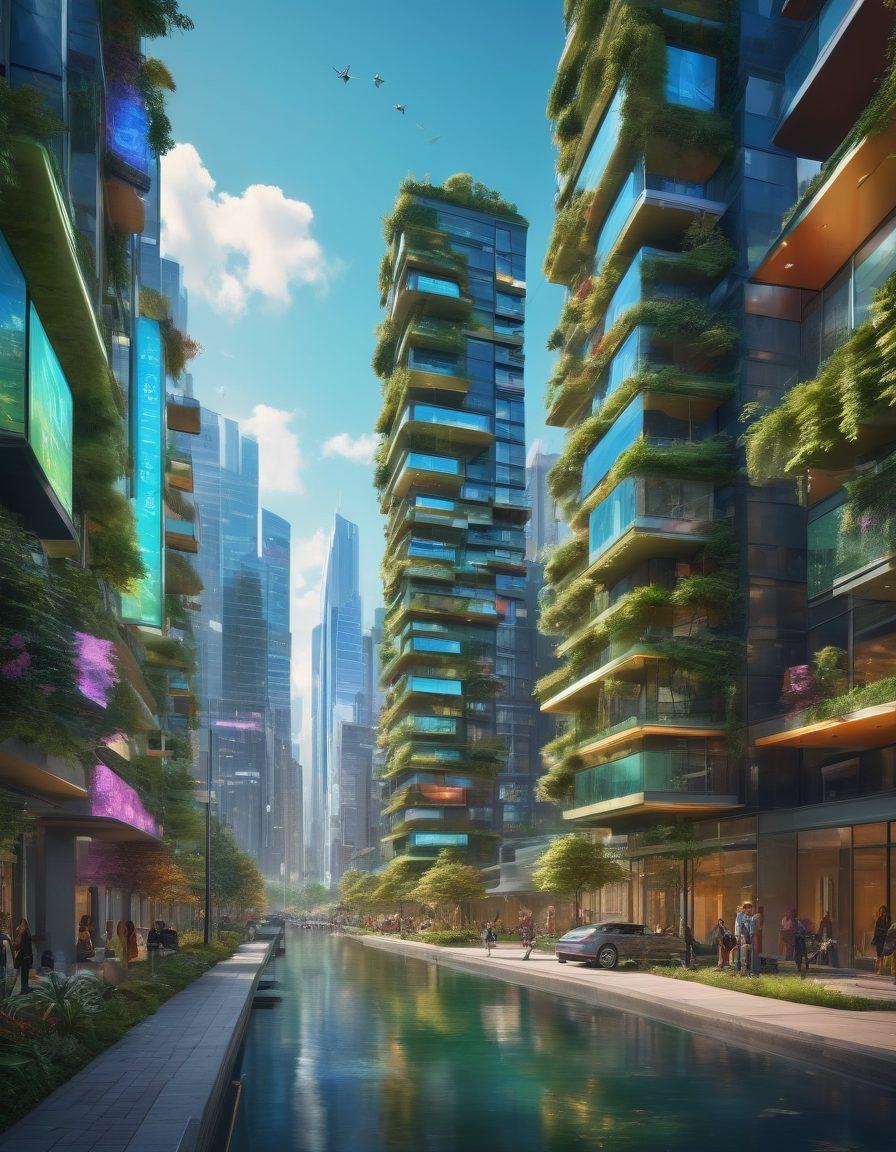 A futuristic cityscape featuring sleek, modern apartment buildings with digital screens showcasing rental apps. Colorful holographic displays of apartment listings float in the air, while diverse residents interact with smart technology in a vibrant community setting. Lush green spaces are integrated among the buildings, with drones delivering packages and automated vehicles on the streets. The sky is bright, reflecting a hopeful future. super-realistic. vibrant colors. 3D.