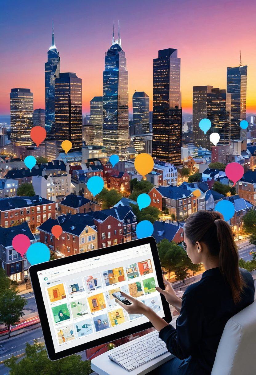 A modern digital landscape with a sleek city skyline in the background, featuring various apartment buildings. In the foreground, a person browsing rental listings on a tablet, surrounded by icons representing online resources and tools for apartment living. The scene should be bright and welcoming, with vibrant colors that convey a sense of community and technology. Include elements like a wifi symbol, chat bubbles, and a map pin to enhance the theme of online renting. super-realistic. vibrant colors. 3D.