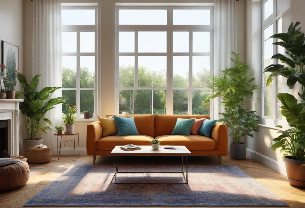 A cozy living room filled with natural light, featuring a stylish sofa, houseplants, and a laptop open on a coffee table showing a renting website. The walls adorned with inspirational home decor and a window overlooking a sunny garden. Highlight a sense of comfort and simplicity. vibrant colors. super-realistic. soft lighting.